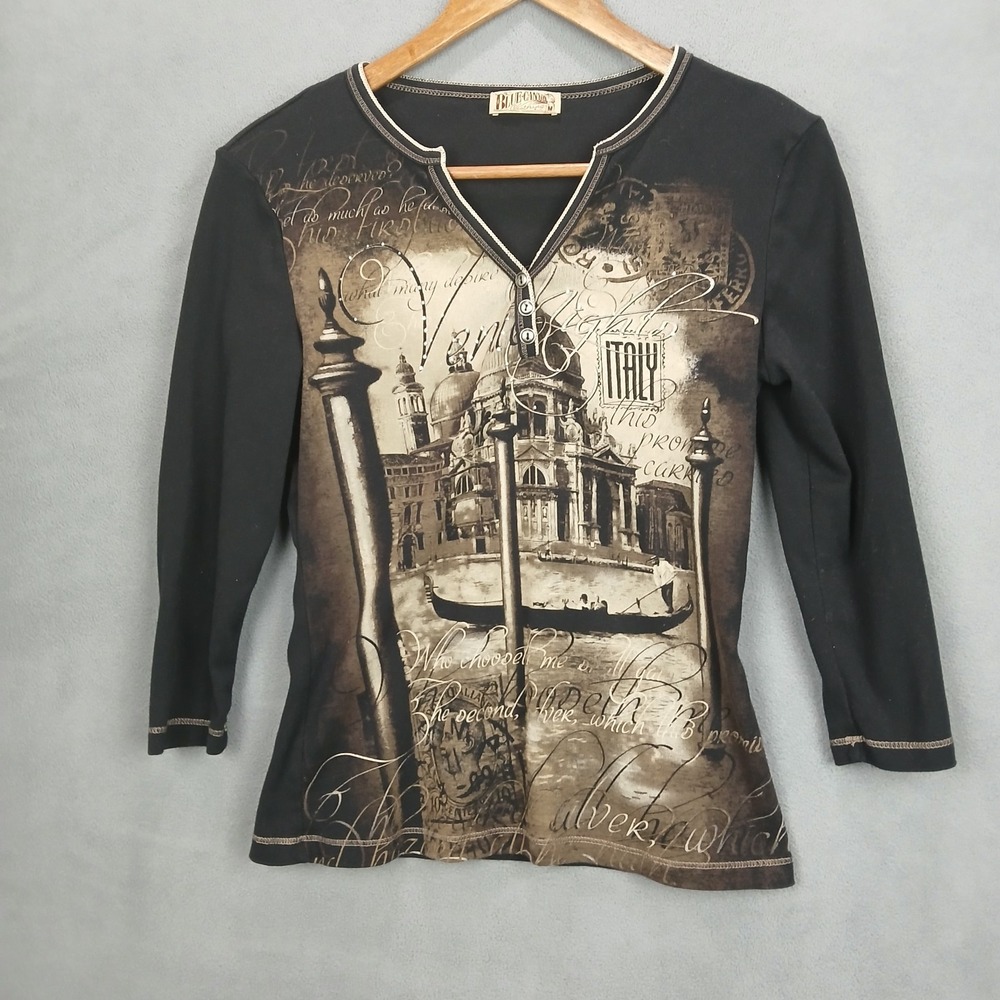 Blue Canyon Henley Shirt Women Medium Black Brown Cotton Venice Italy Rhinestone